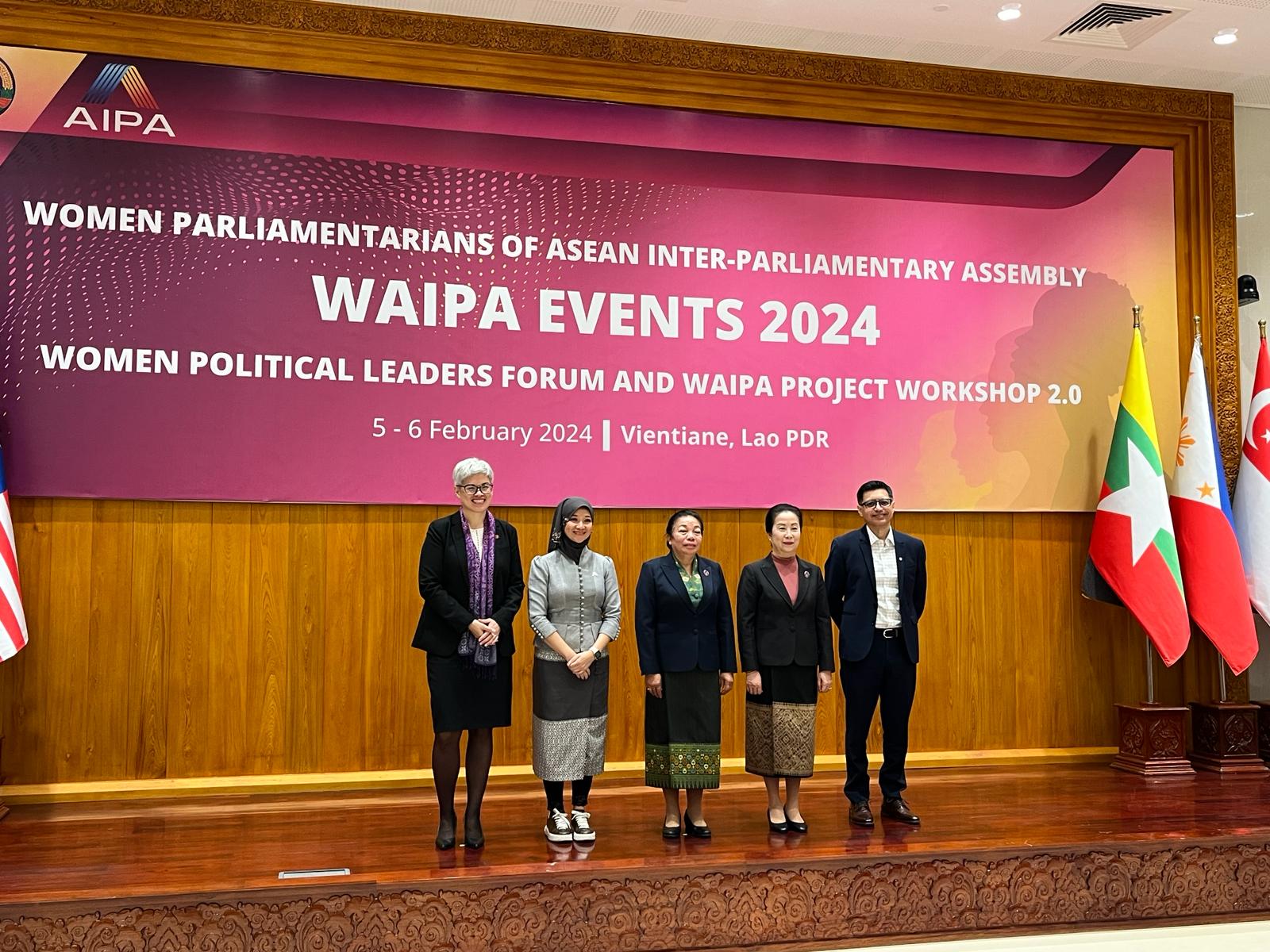 (From left to right) H.E. Vicky Singmin, Ambassador of Canada to ASEAN, H.E. Ar. Siti Rozaimeriyanty, Secretary General of AIPA, H.E. Dr. Sounthone Xayyachack, Vice-President of the National Assembly, Hon. Thoummaly Vongphachanh, Chairperson of Social and Cultural Affairs Committee, Chairperson of WAIPA and Mr. Jamshed M. Kazi, Representative of UN Women Indonesia and Liaison to ASEAN are attending the WAIPA Events 2024 on 5 February 2024 in Vientiane, Lao PDR. Photo: UN Women/Ryce Chanchai